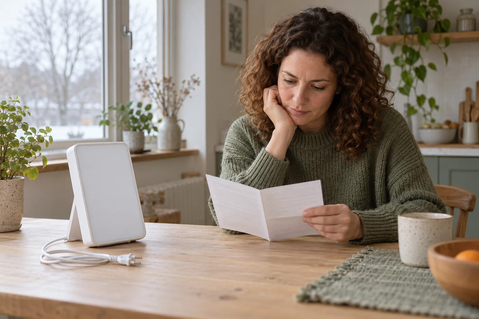 A woman reading an instruction leaflet beside an unplugged light box at a kitchen table in soft daylight