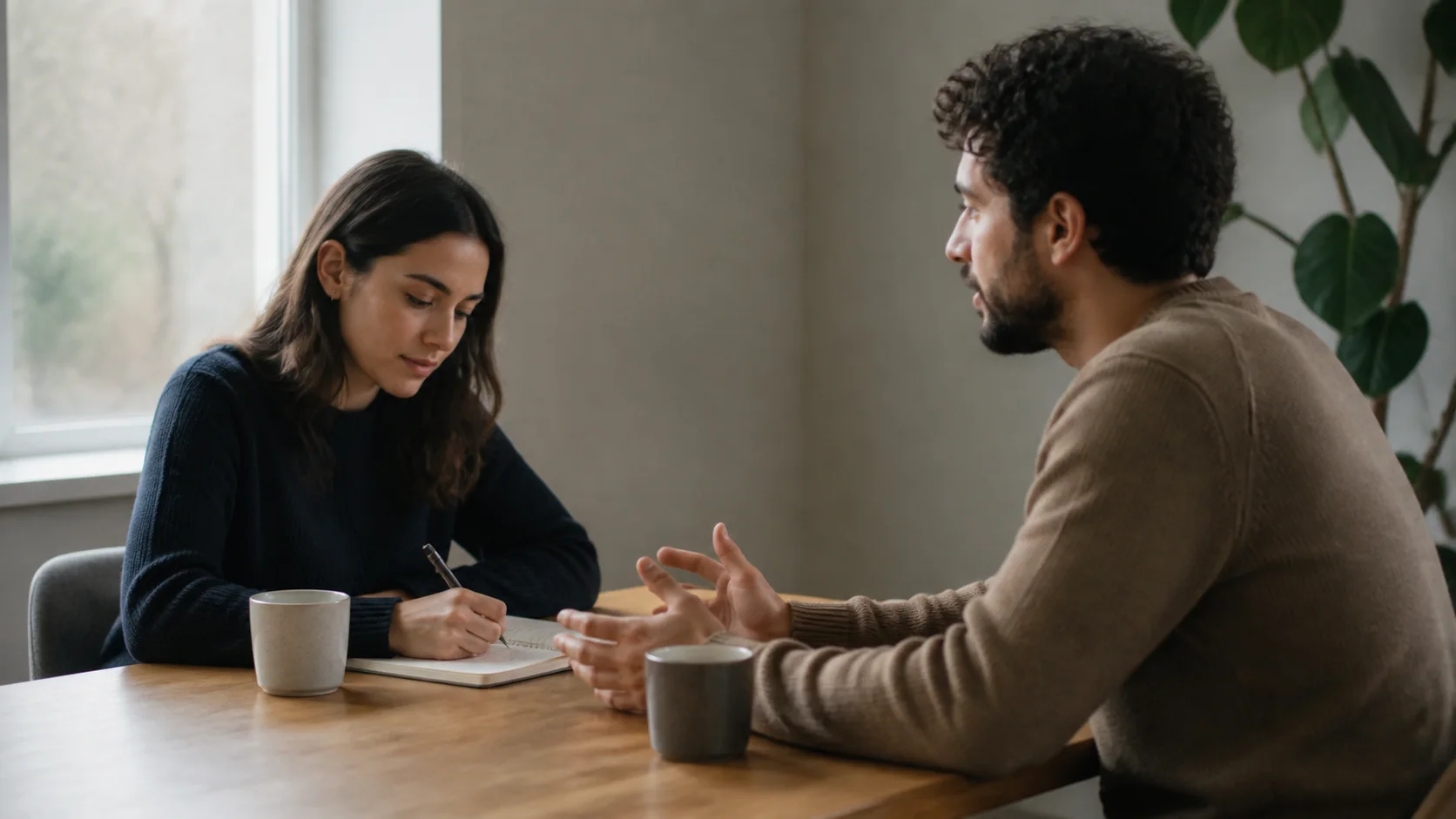 Two adults talking at a table while one writes in a notebook instead of making eye contact.
