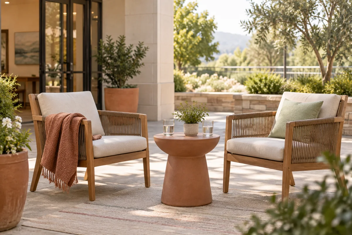 Two empty chairs angled toward each other on a sunny community patio with a scarf, two water glasses, plants, and trees.
