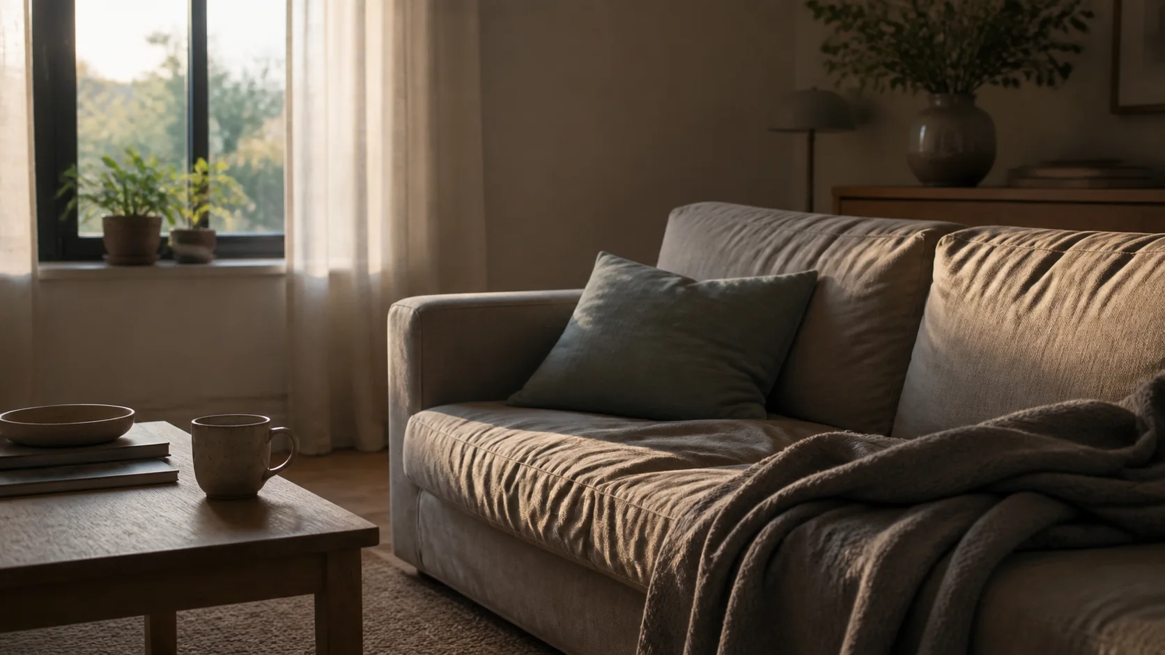 A rumpled sofa with a blanket beside a coffee table in soft late-afternoon light.