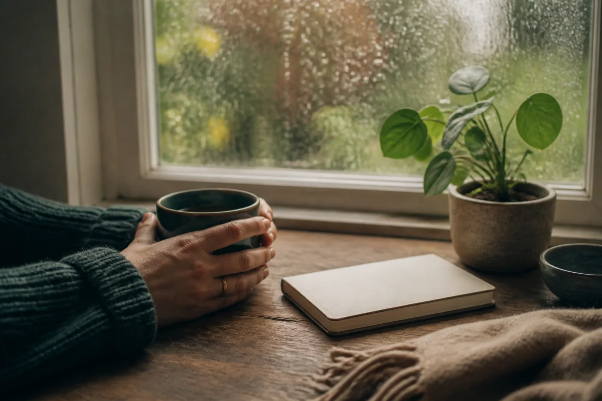 Unas manos rodean una taza junto a un diario en blanco y una planta pequeña frente a una ventana de casa con gotas de lluvia.