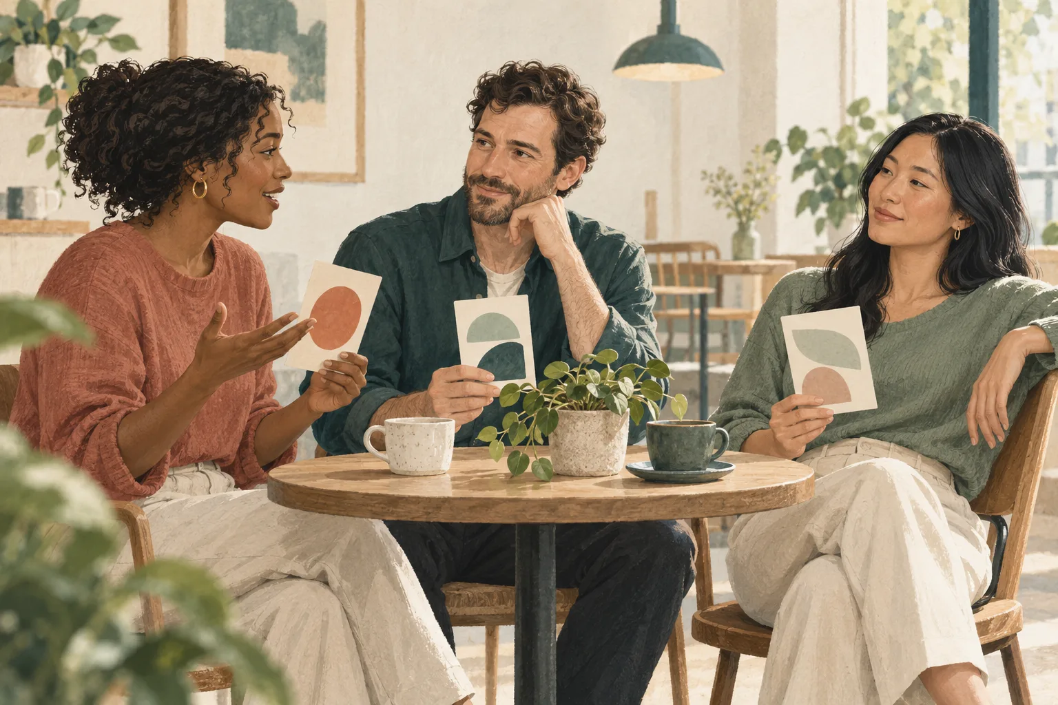 Tres personas ilustradas con tarjetas de formas abstractas conversan junto a una mesa con tazas y una planta.