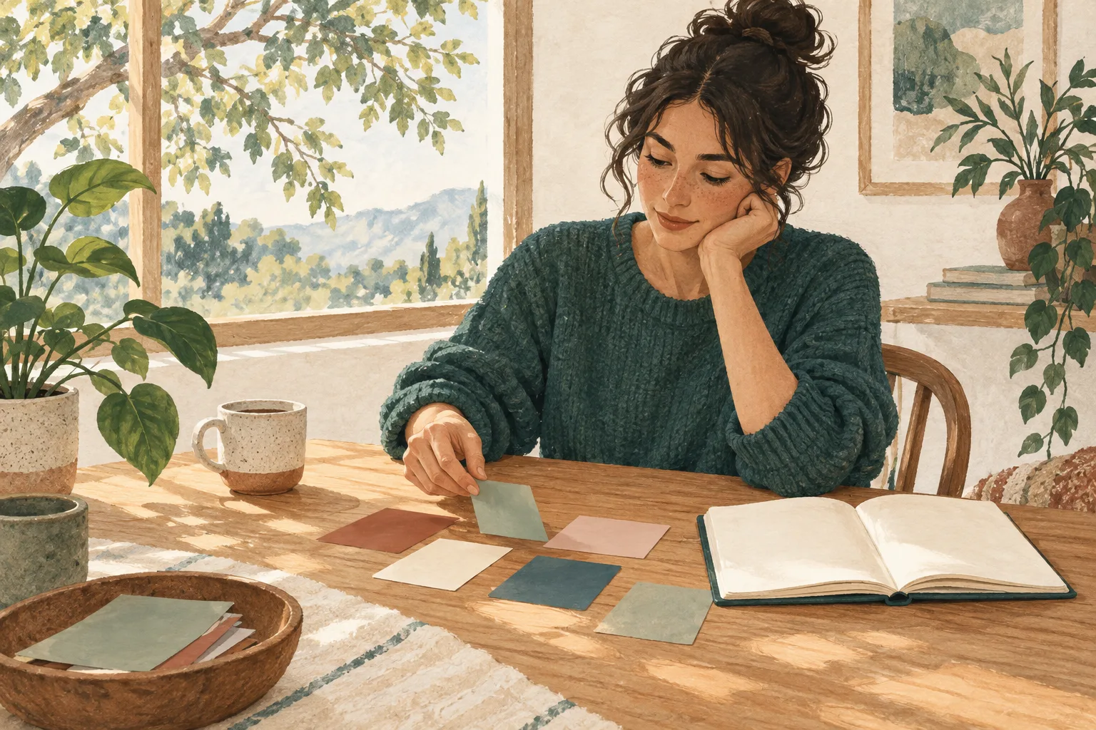 Una persona ilustrada ordena tarjetas lisas de colores junto a un cuaderno abierto, tazas y plantas.