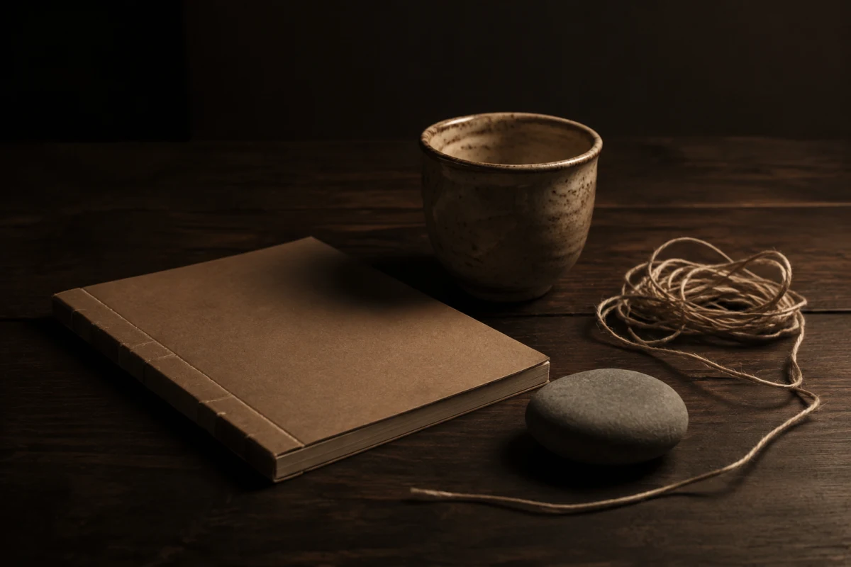 A closed notebook, ceramic cup, smooth stone, and loosely coiled thread on a softly lit table at night.