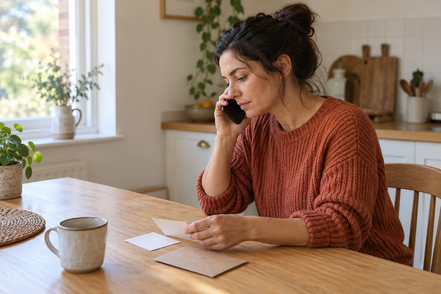 Una persona adulta habla por teléfono en la mesa de la cocina, junto a tarjetas lisas para notas y un sobre cerrado