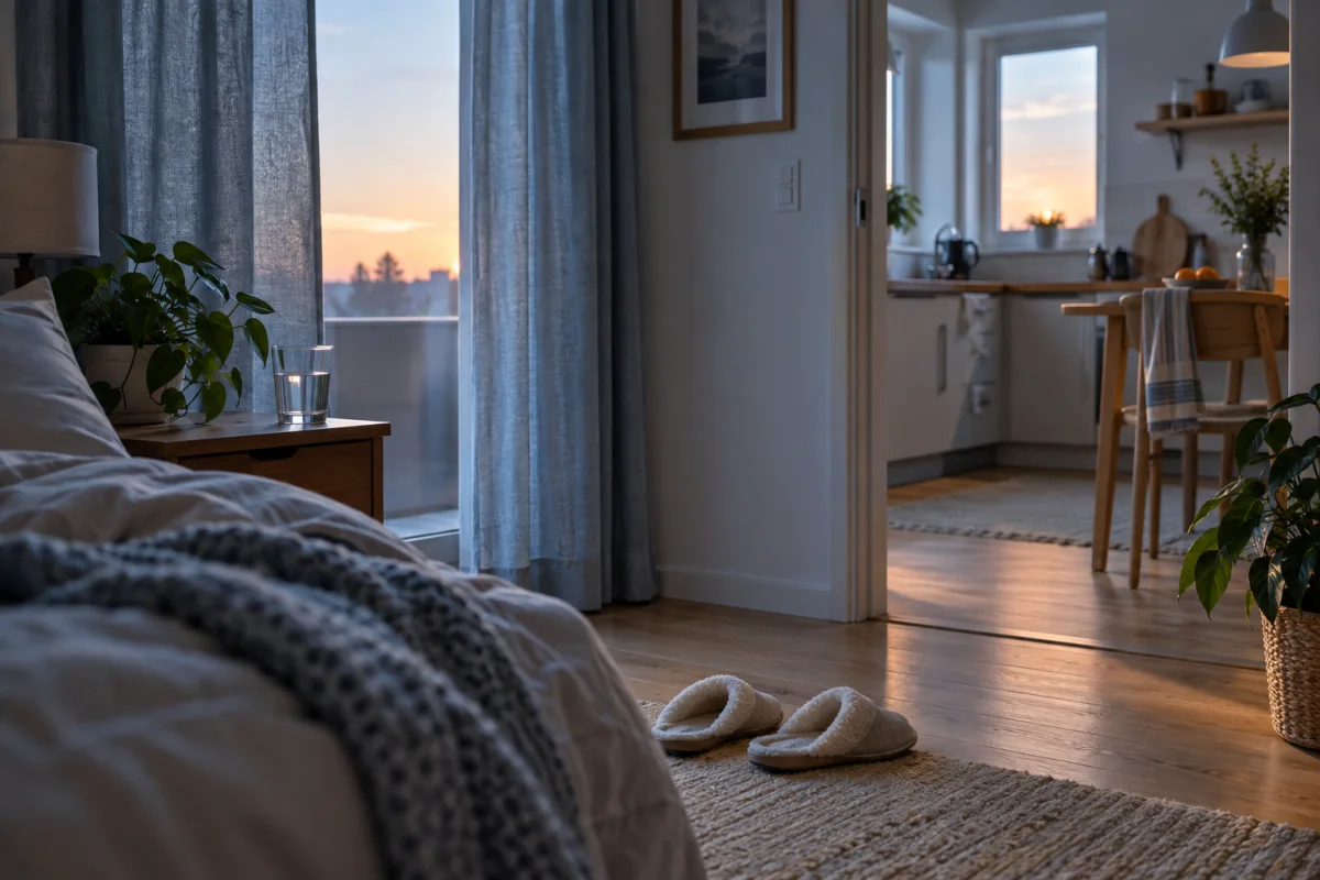 Vista al amanecer desde un dormitorio hacia una cocina con luz suave, con zapatillas y un vaso de agua cerca de la puerta.