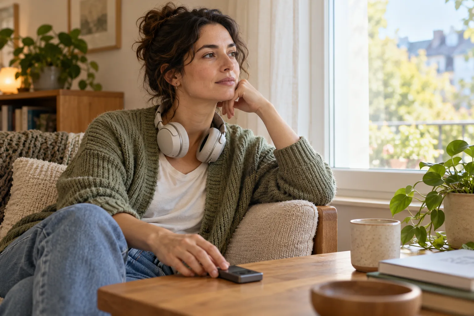 Una persona adulta junto a la ventana del salón, con unos auriculares descansando en el cuello y un reproductor de música sencillo cerca