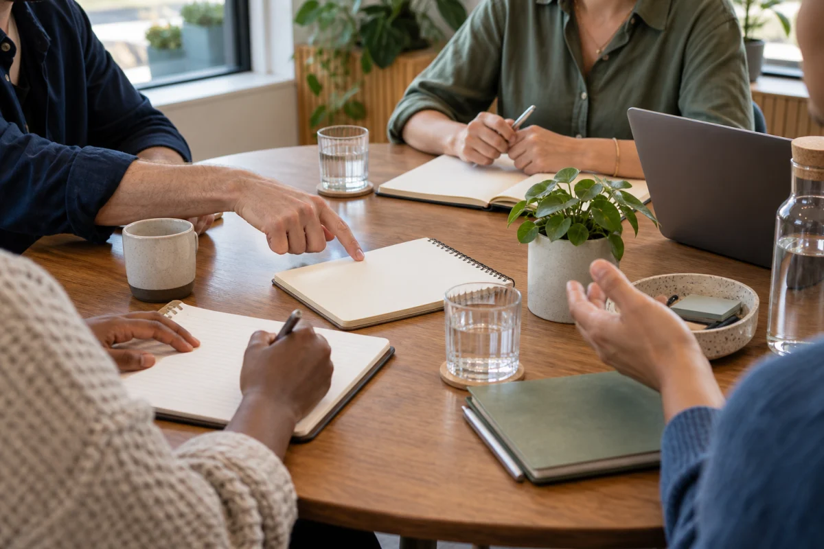 Four colleagues' hands around a round wooden meeting table with blank notebooks, water, a laptop, and a small plant.