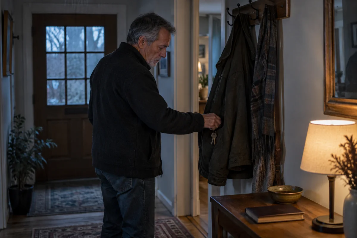 An adult picking up keys from a jacket hanging beside a small entryway table.