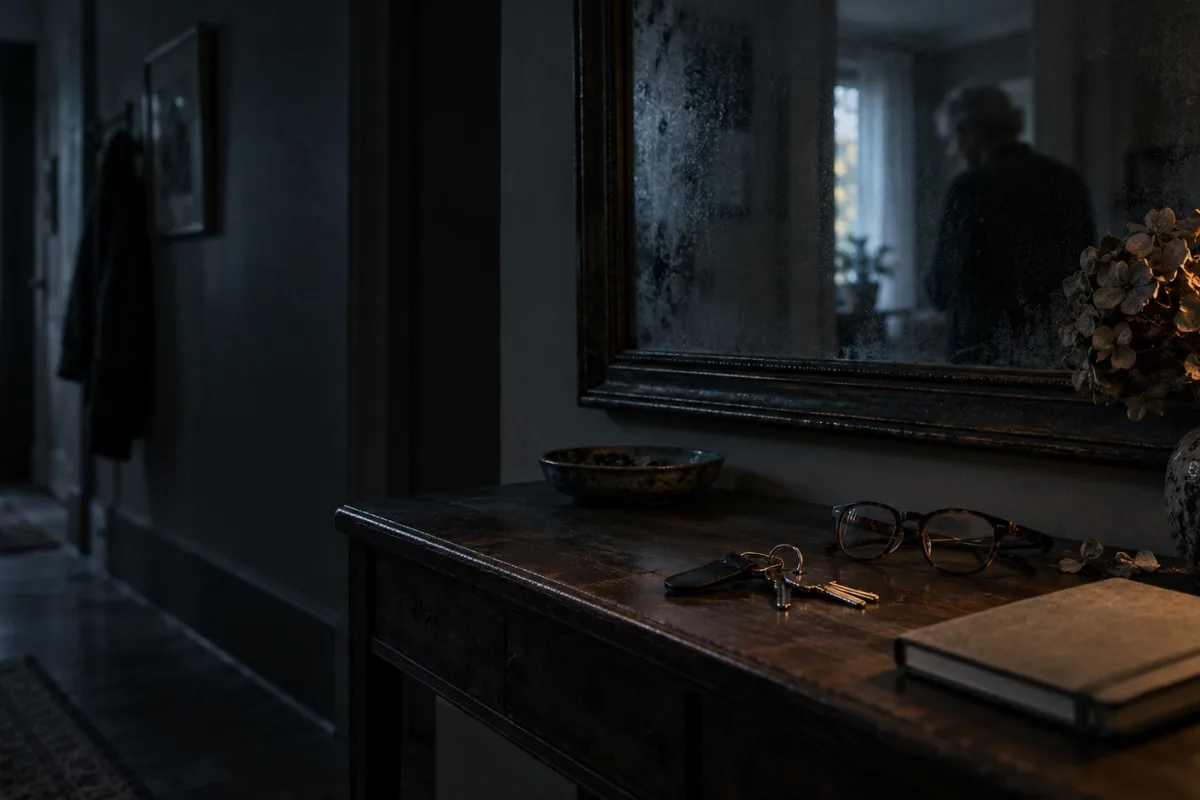 Keys and glasses on a wooden entryway table below a mirror beside a lamp and a notebook.