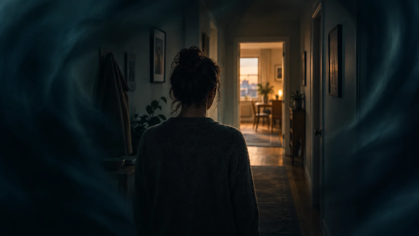 An adult viewed from behind in a dim apartment hallway, with a warmly lit room visible through an open doorway.