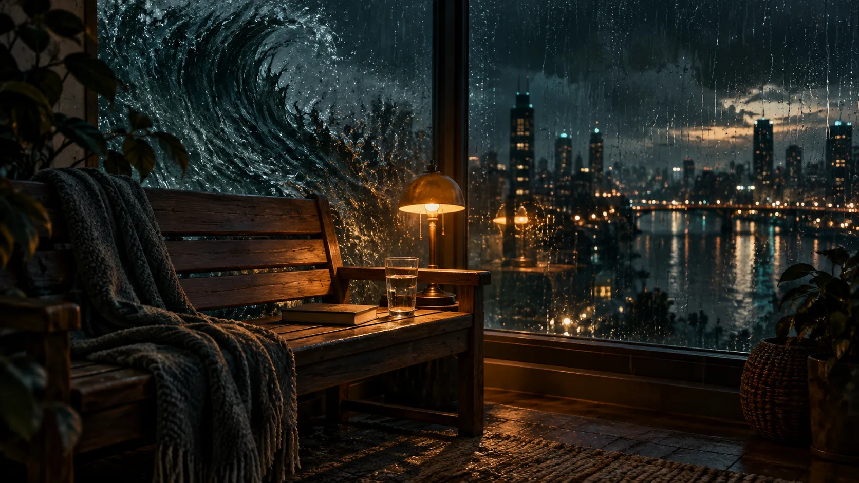 An empty bench with a blanket and glass of water beside a lit lamp and a rain-streaked window at night.