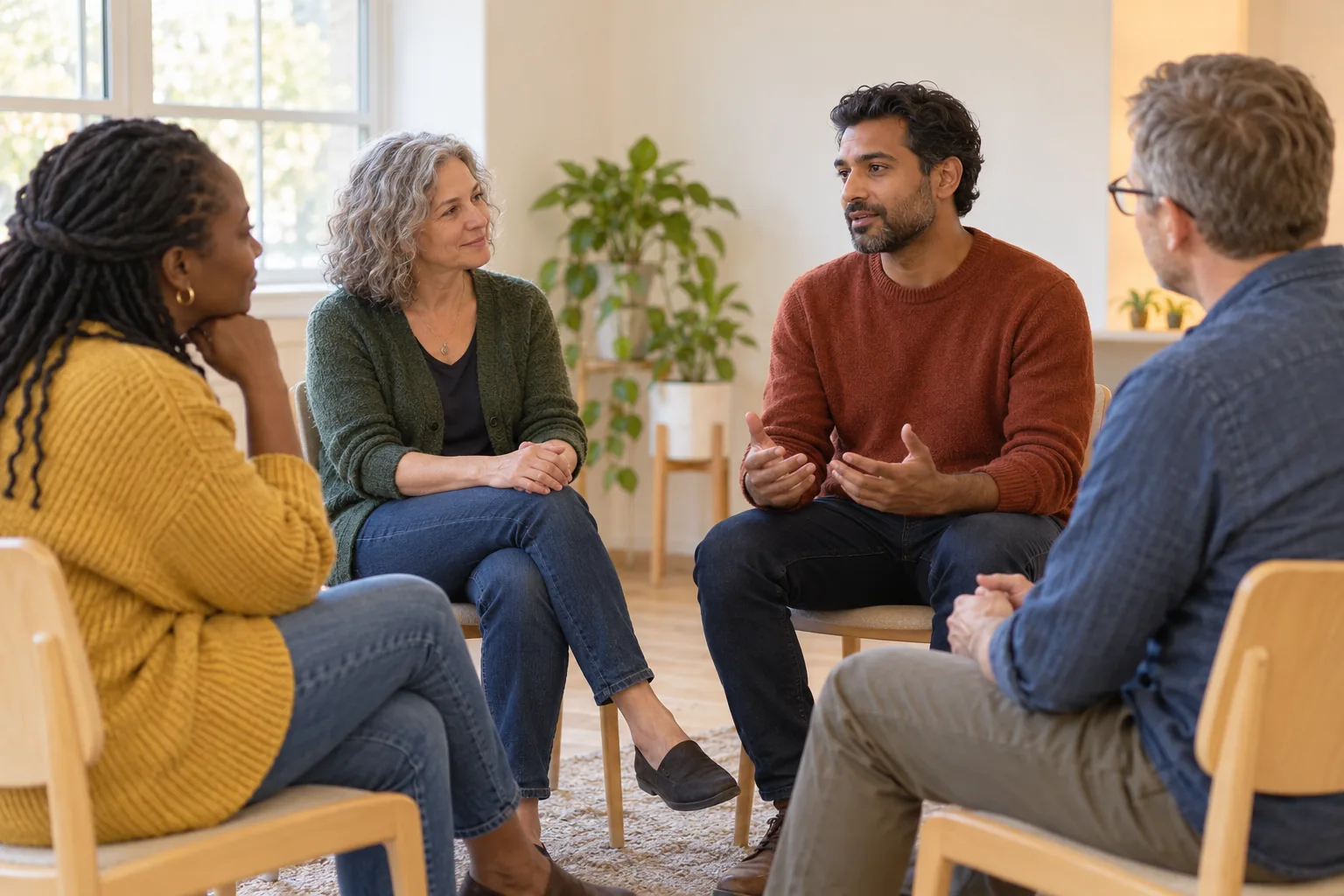Four adults seated in a small circle in a quiet community room, listening while one participant speaks