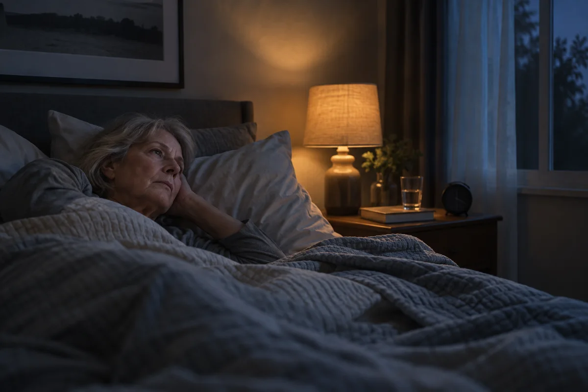 An adult lying awake against pillows in a dim bedroom with a bedside lamp and water glass.