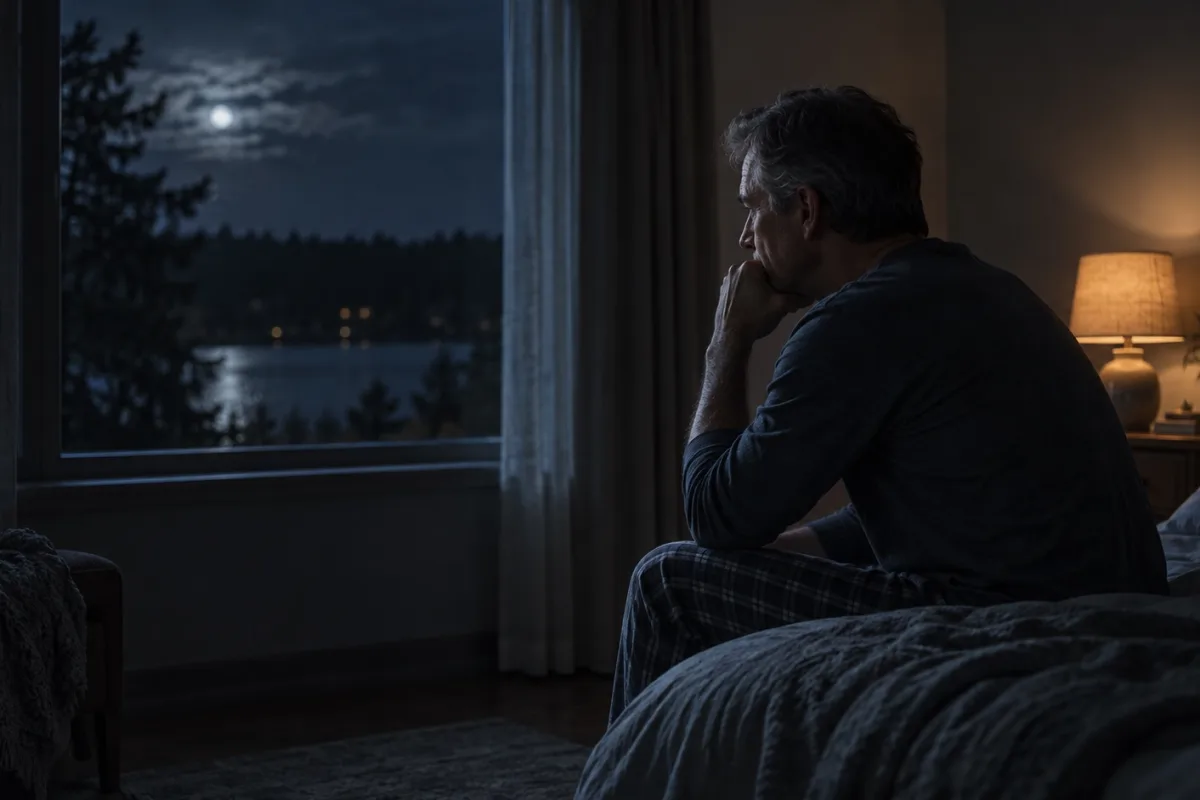 An adult sitting on the edge of a bed beside a window and a lit bedside lamp at night.