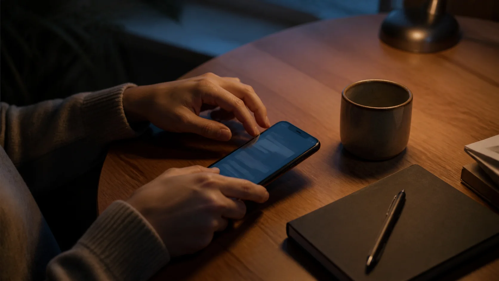 Hands holding a phone beside a ceramic mug, closed notebook, and pen on a wooden table at night.
