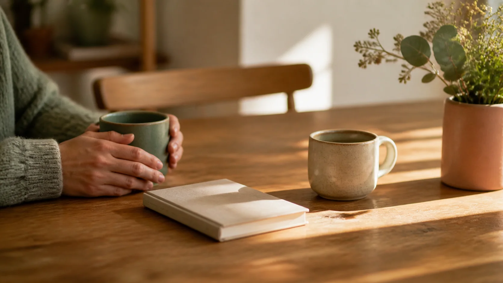 Una persona sostiene una de dos tazas junto a un cuaderno cerrado sobre una mesa con luz cálida.