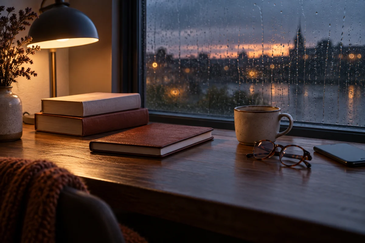 A closed journal, stacked books, tea, glasses, and a face-down phone beside a rain-streaked window at dusk.