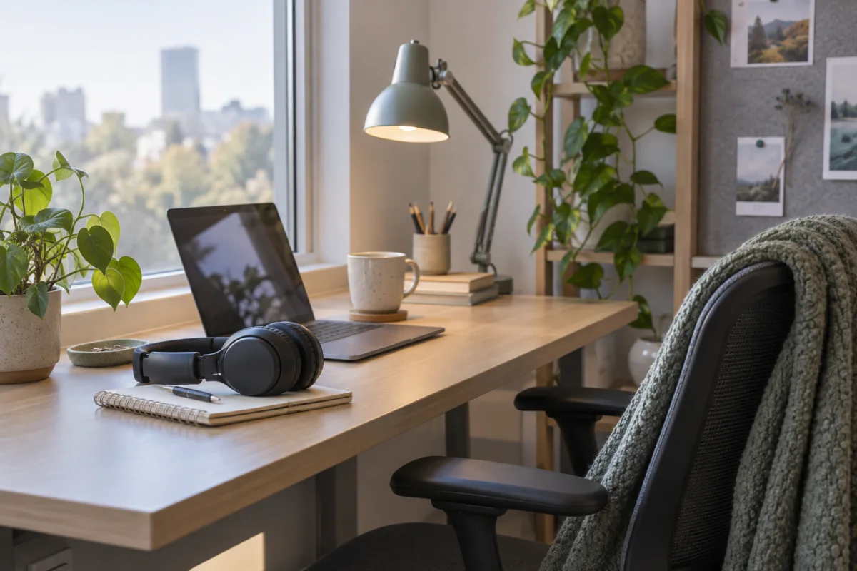 Rincón tranquilo de oficina con una lámpara regulable, auriculares y un cuaderno junto a una ventana con luz suave.