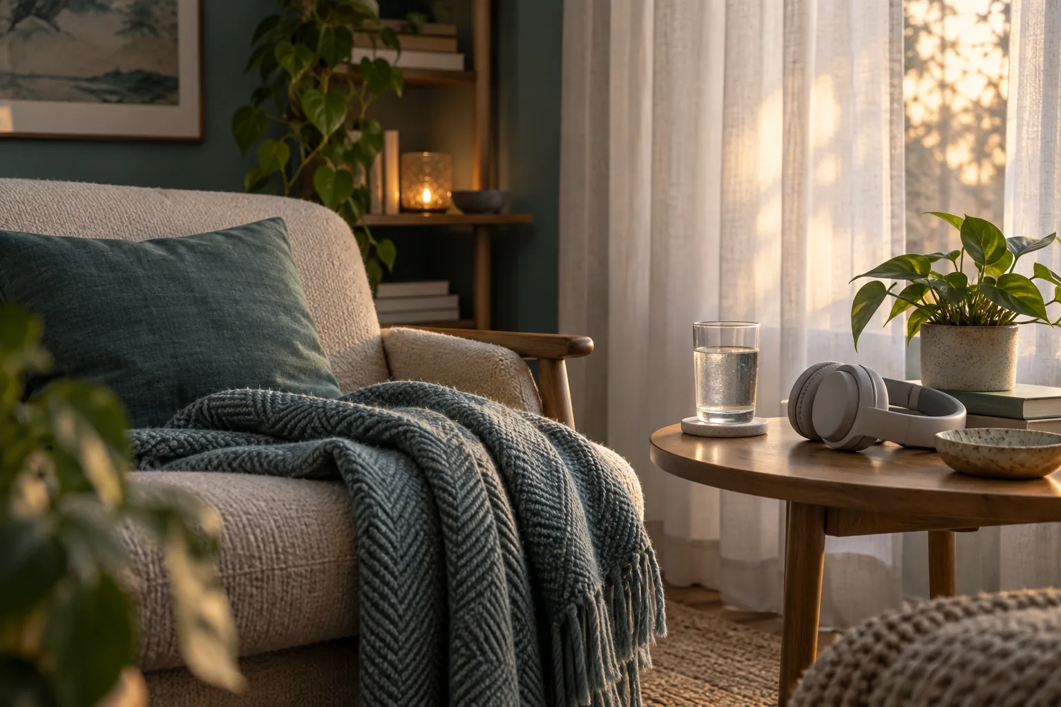Un sillón tranquilo con una manta doblada junto a una mesa con auriculares y un vaso de agua, bajo la luz cálida de una ventana.