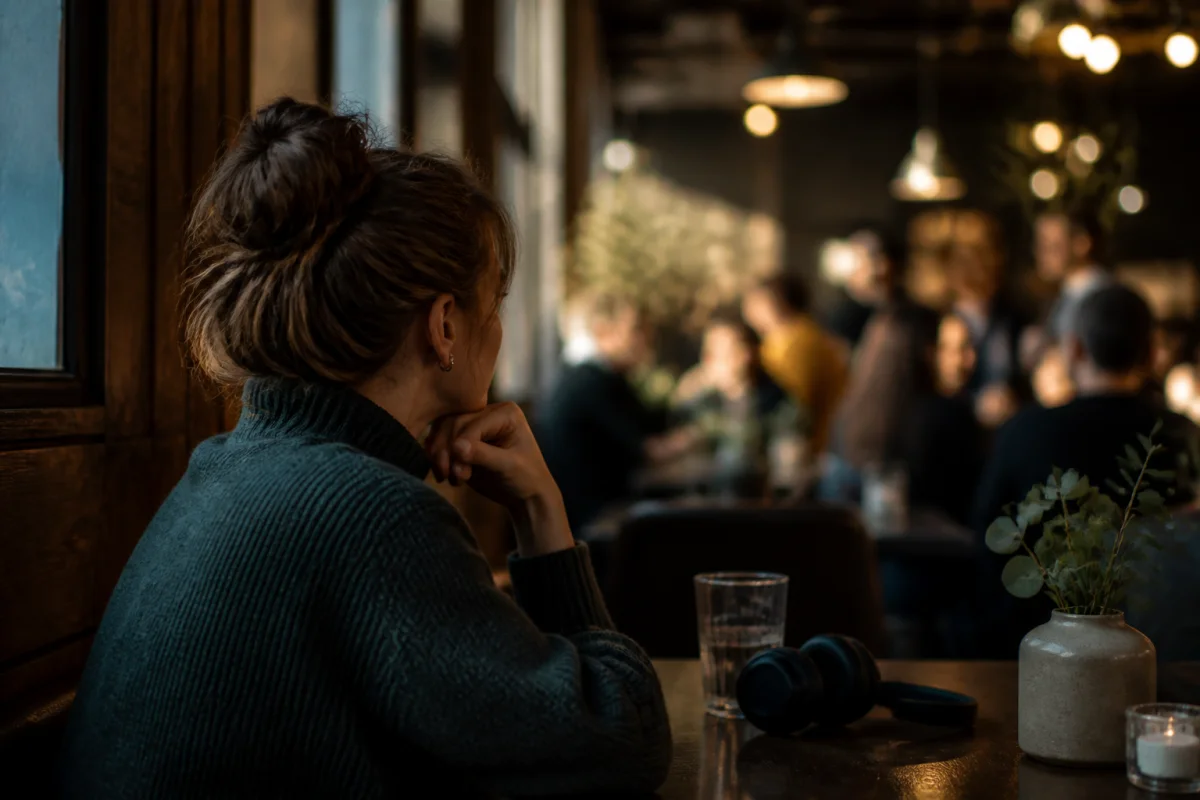 Una persona adulta en una mesa de cafetería con auriculares y agua mientras luces cálidas y otros comensales aparecen desenfocados al fondo.