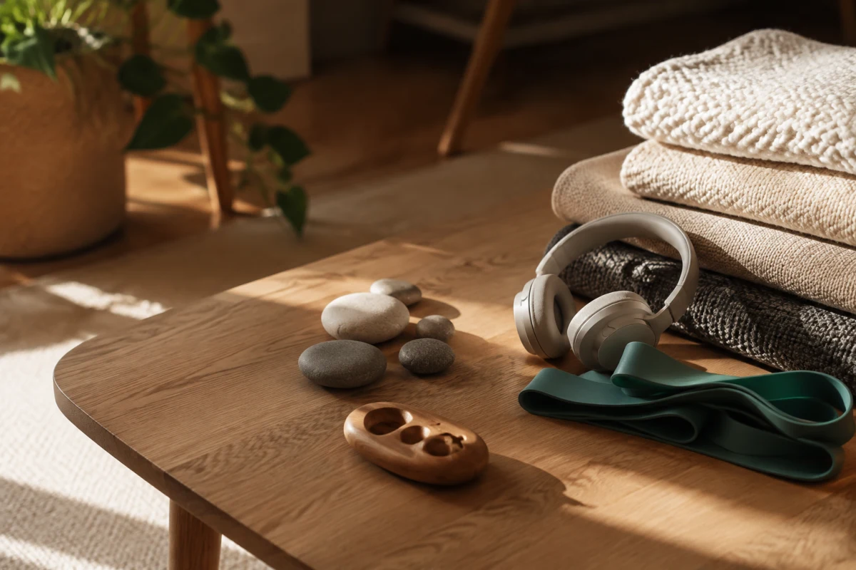 Folded textured fabrics, smooth stones, a resistance band, headphones, and a wooden object arranged on a low table.