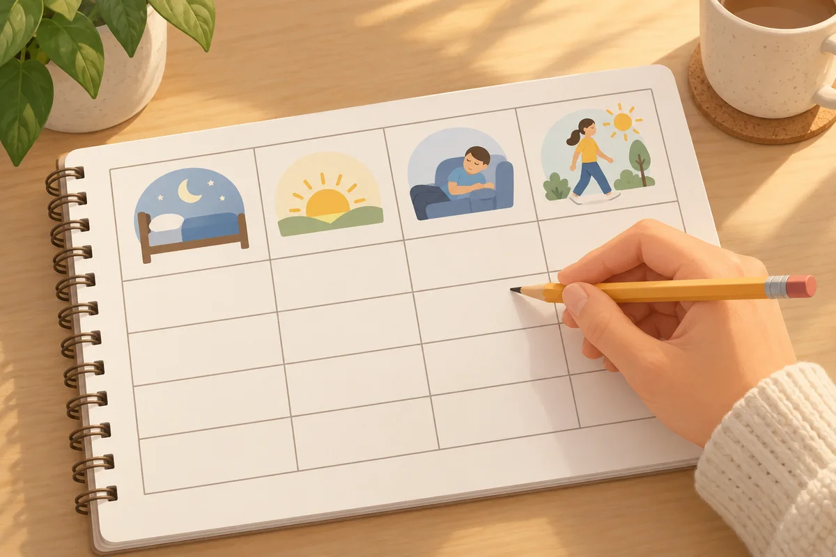A simple sleep diary layout with room for approximate sleep times, naps, daytime effects, and a short context note.