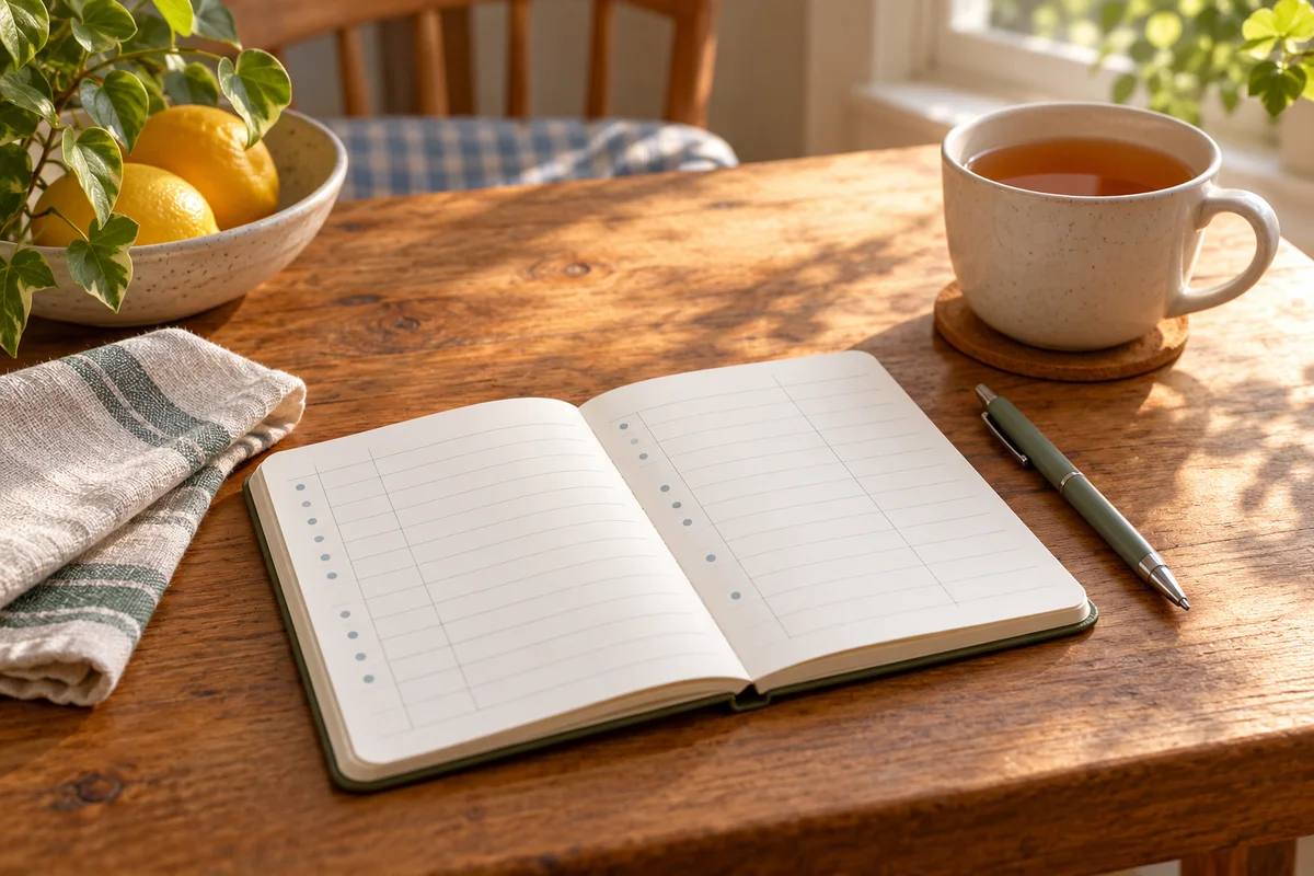 Open blank lined notebook, pen and cup of tea on a sunlit kitchen table.