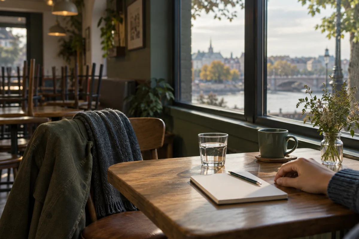 A quiet café window table with an empty chair, coat, water glass, blank notebook, and soft city view.