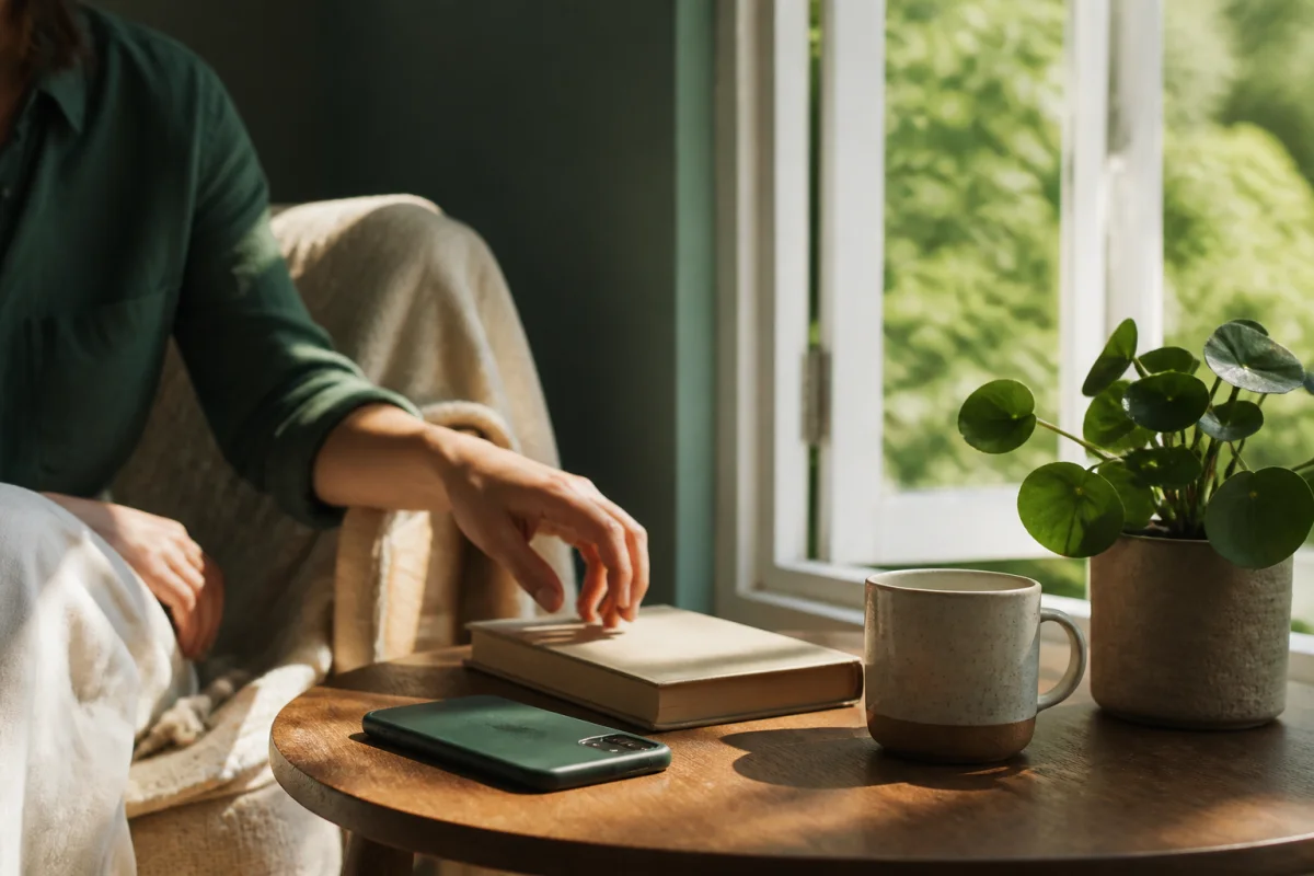 A face-down phone beside a book, cup, plant, and open window as a hand moves away from the device.