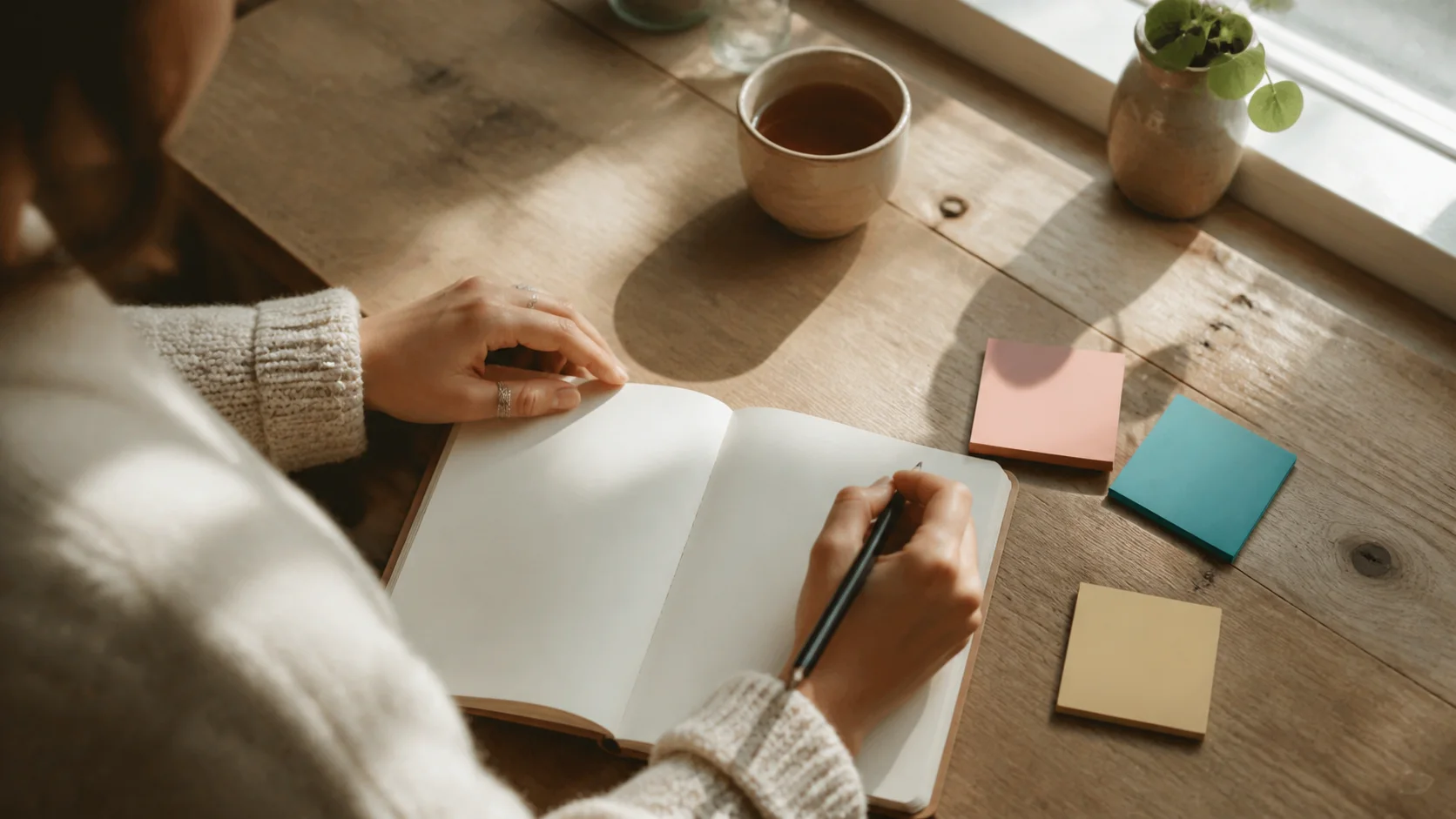 Hands holding a pencil over a blank open notebook beside three coloured sticky-note pads in warm daylight.