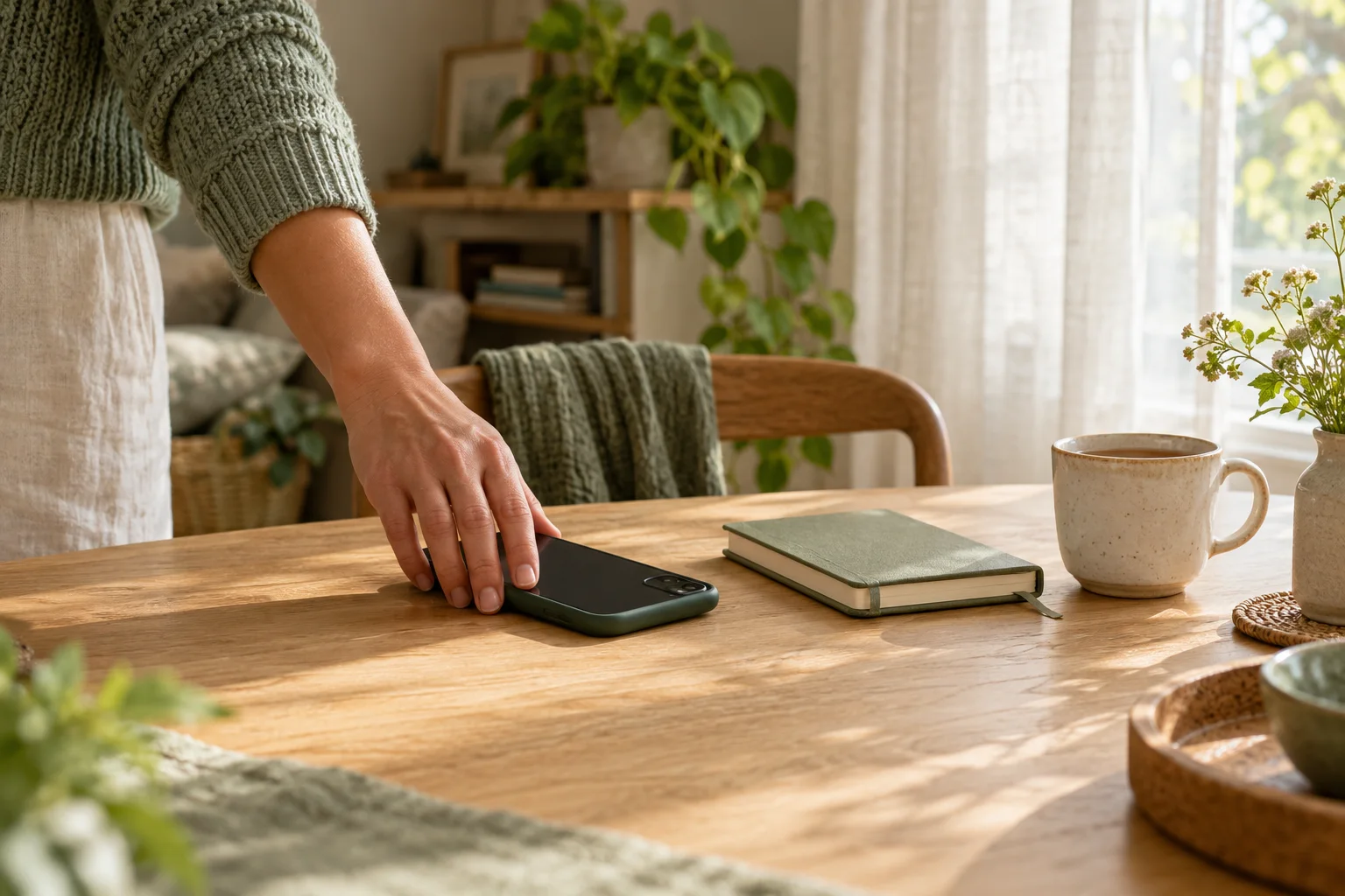 Una mano deja un teléfono boca abajo junto a un cuaderno cerrado y una taza de té sobre una mesa de madera iluminada por el sol