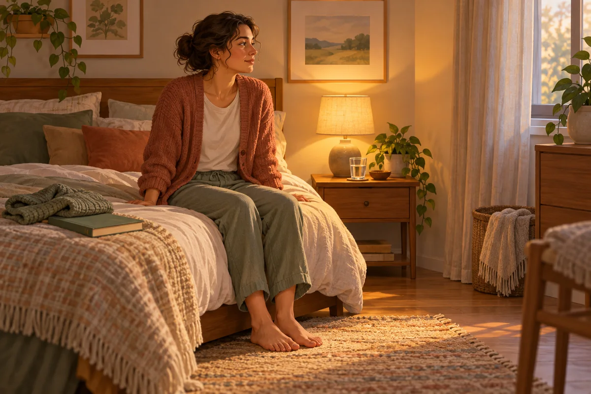 Adult sitting with feet on the floor beside a bedside lamp, glass of water and folded sweater.