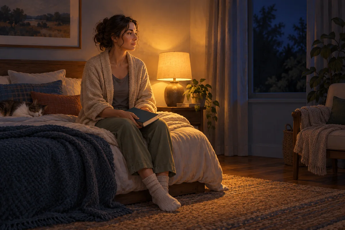 Adult sitting on the edge of a bed with a closed book in a softly lit bedroom at night.