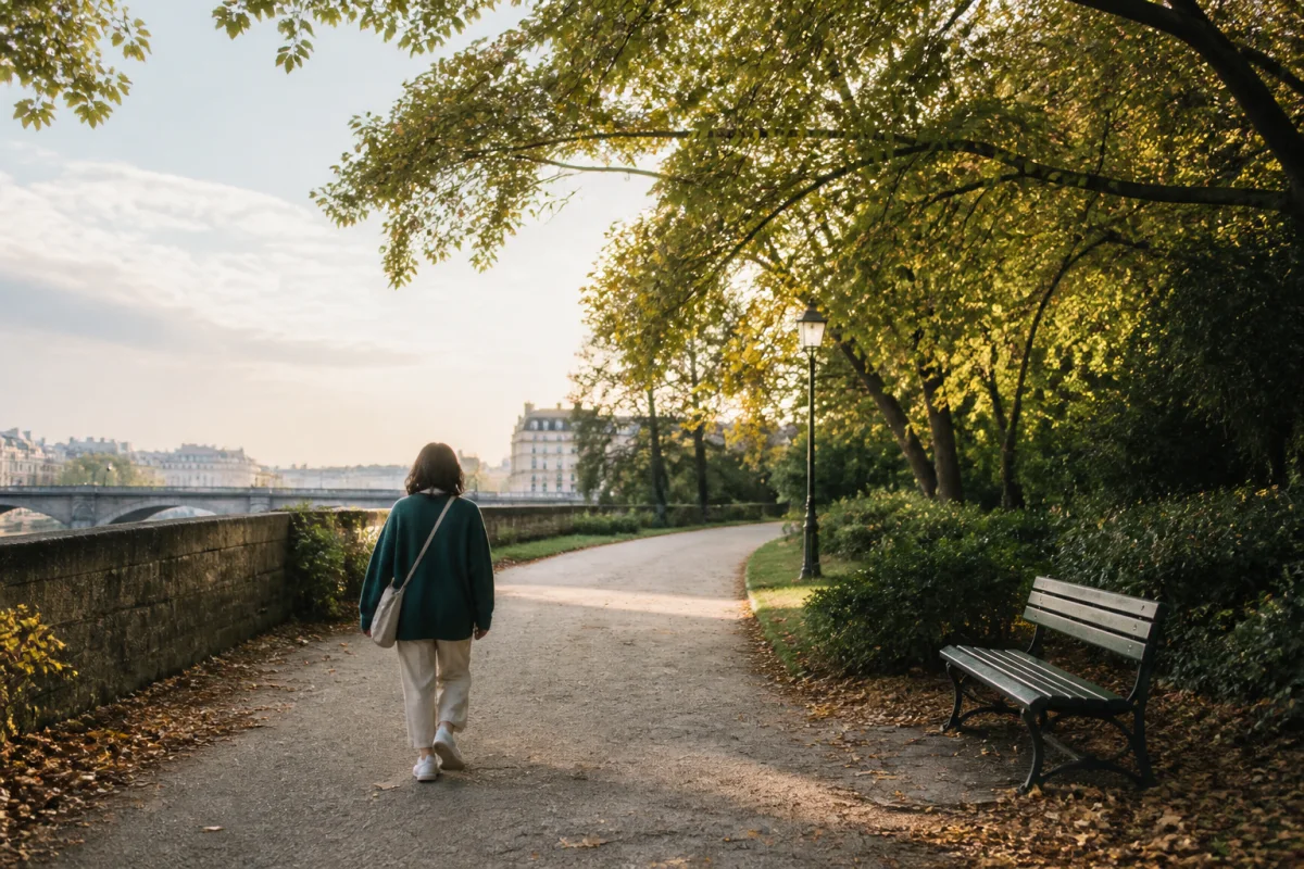 An adult walking at an unhurried pace along a tree-lined city path with a bench and autumn leaves.