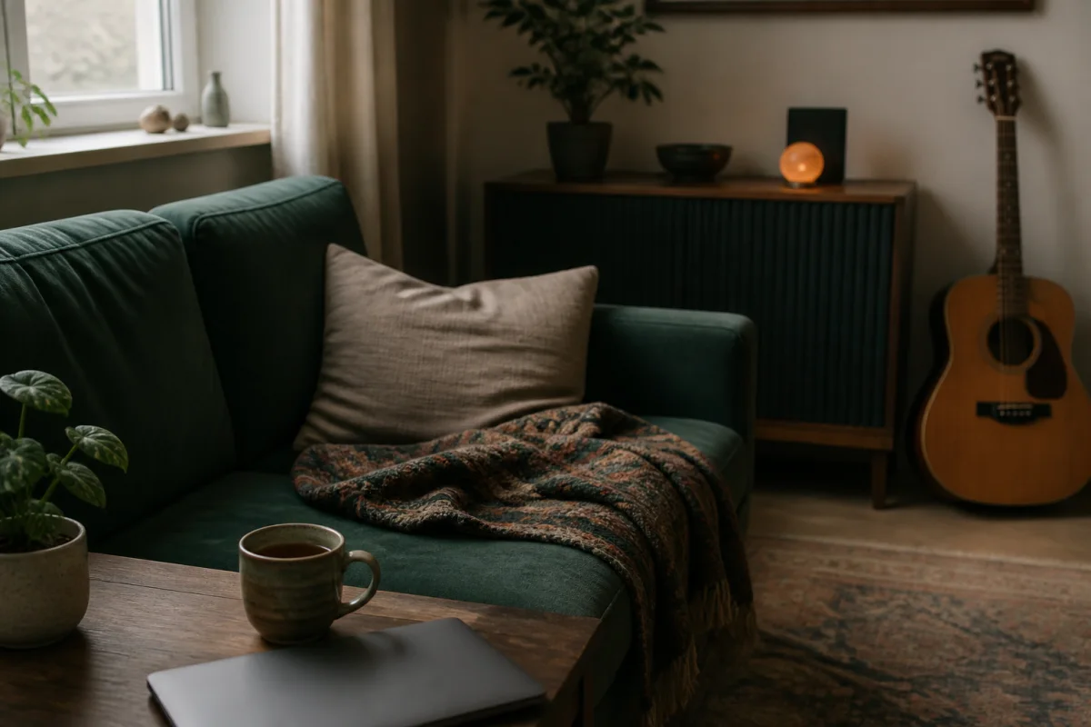 A quiet living room with a green sofa, folded blanket, cup, closed laptop, and guitar in soft overcast light.