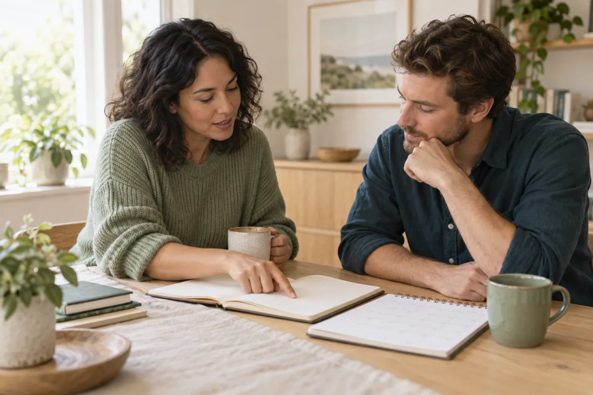 Two adults looking at a blank notebook and calendar together at a sunlit table.