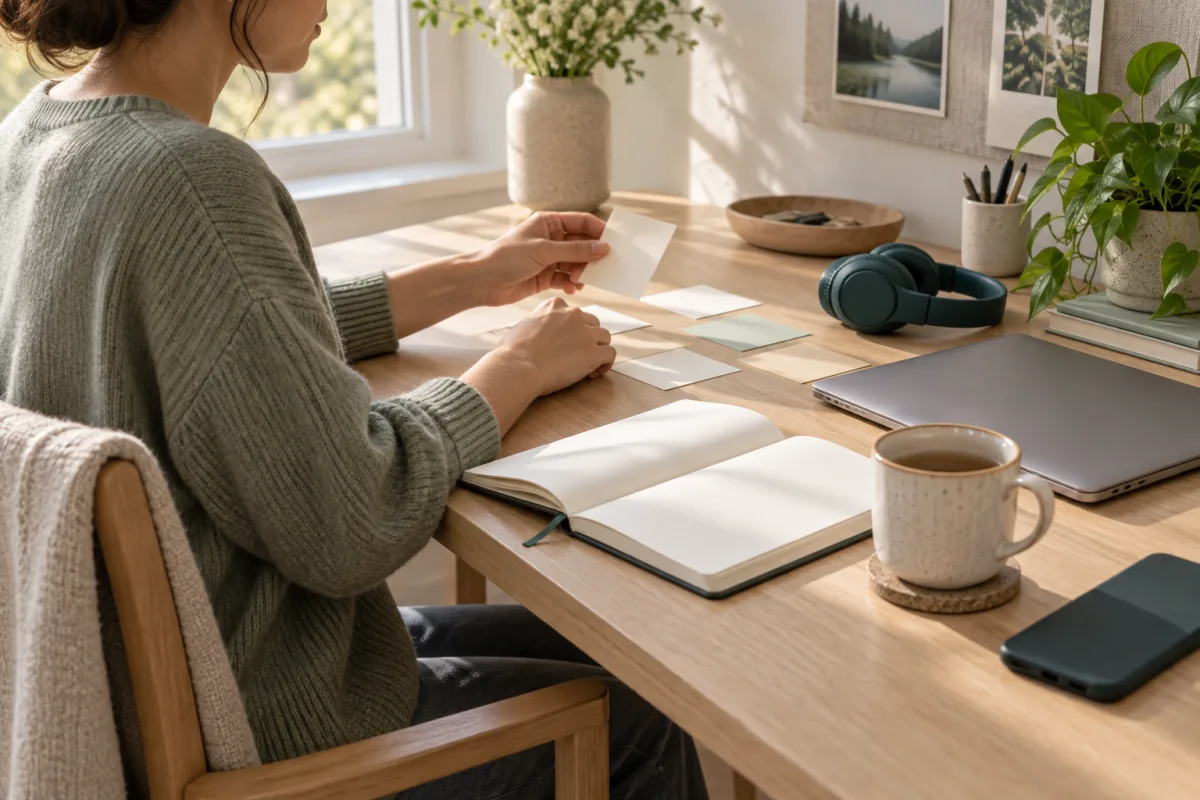 An adult holding a blank paper note at a wooden desk with an open notebook, headphones, laptop, and phone.