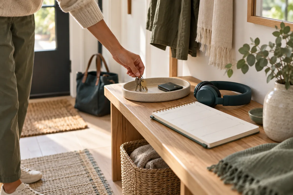 A hand placing keys in a tray beside a blank planner and headphones in a bright entryway.