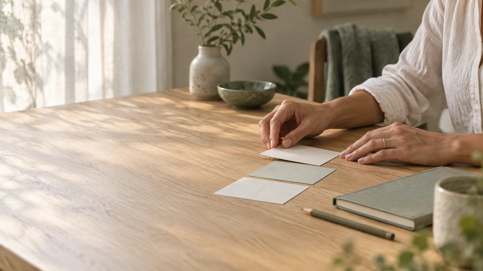 Hands arranging three blank paper cards on a sunlit wooden desk beside a closed green notebook and pencil.