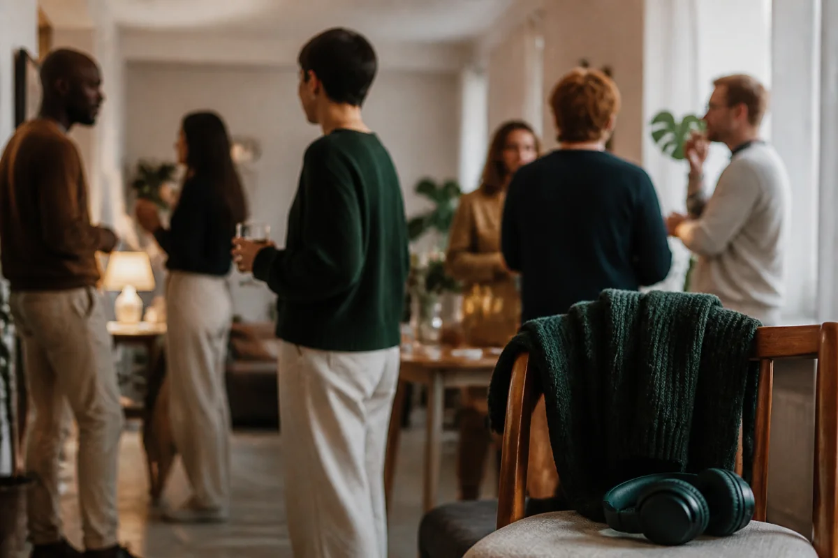 An adult listening at a small gathering, with a folded cardigan and headphones resting on a nearby chair.