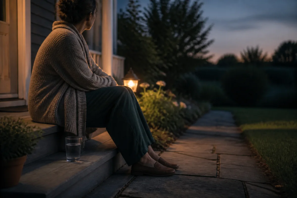 An adult sitting on quiet front steps at blue hour with both feet on the ground and a glass of water nearby.
