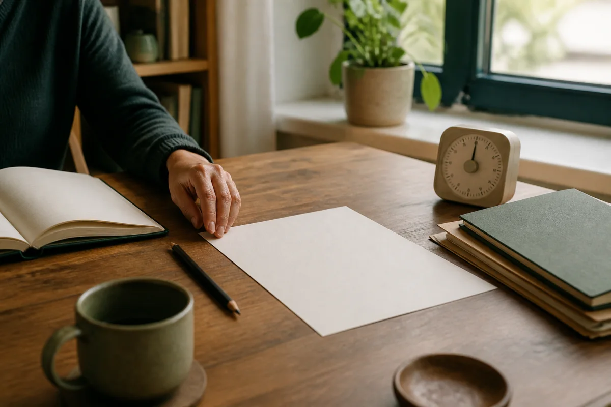 A hand resting near one blank sheet of paper on a desk with a pencil, notebook, timer, and stacked folders.