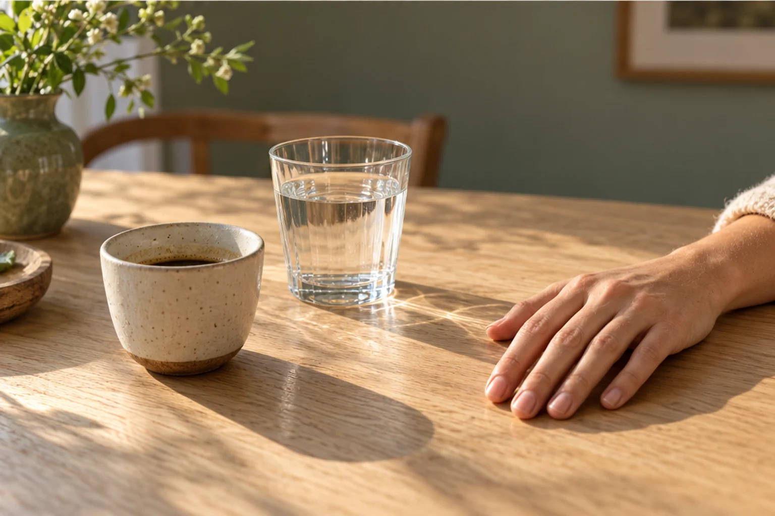 Una taza pequeña de cerámica apartada junto a un vaso de agua y una mano en reposo sobre una mesa de madera iluminada por el sol