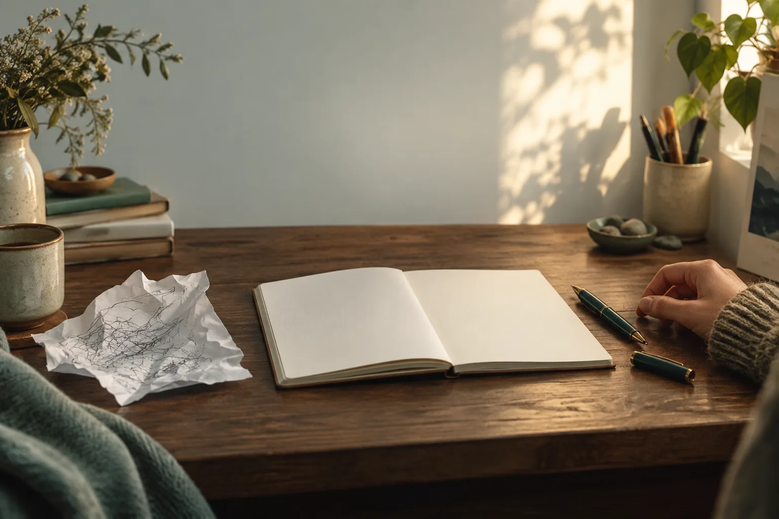 Un cuaderno en blanco y un bolígrafo sobre una mesa iluminada por el sol, junto a una hoja arrugada y una taza.