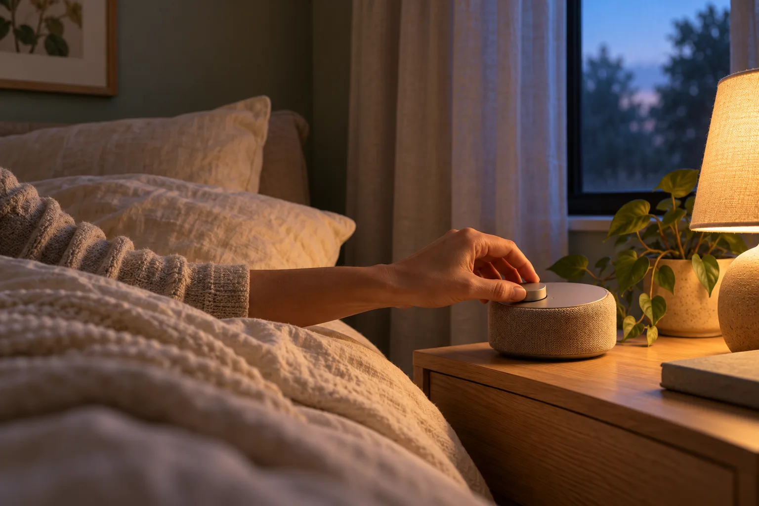 Una mano adulta baja el volumen de un altavoz sencillo junto a una cama de lino color crema, con una luz tenue de atardecer