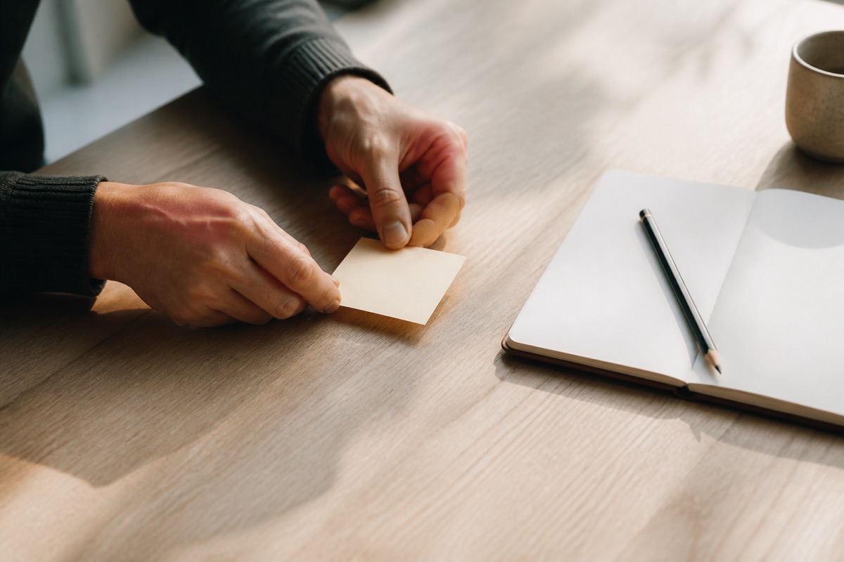 Hands holding a blank sticky note beside an open notebook and pencil on a wooden table.