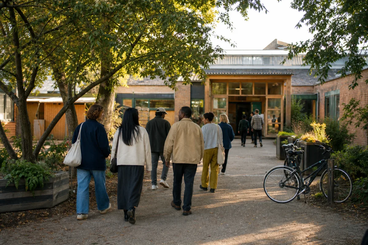 A small group of adults walking toward a sunlit community courtyard with trees and bicycles.