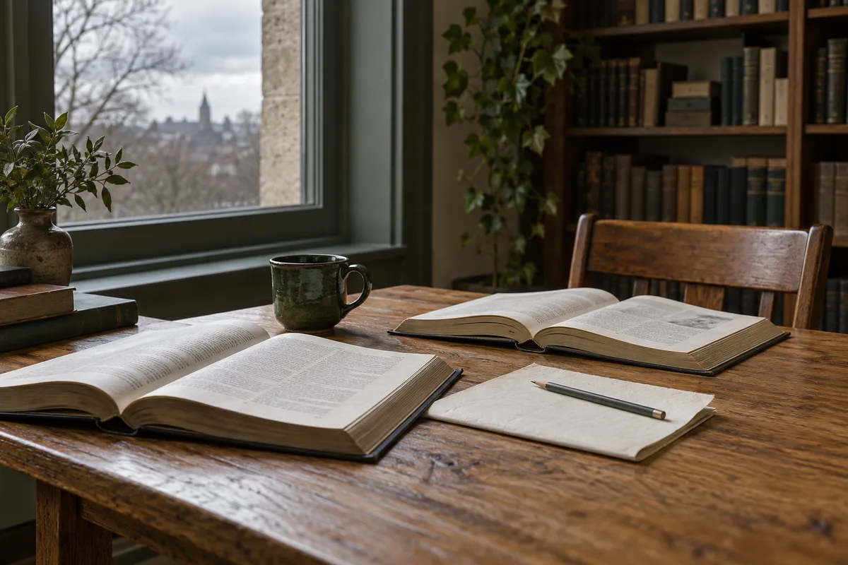 Libros de consulta abiertos y un lápiz sobre una mesa de lectura tranquila.
