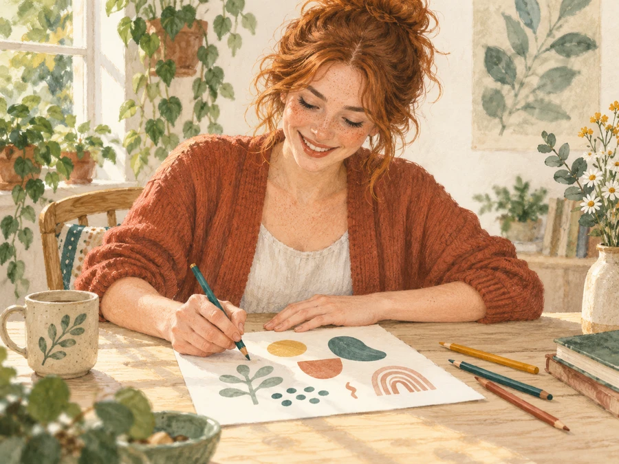 A woman sketching colorful shapes and ideas at a sunlit table.